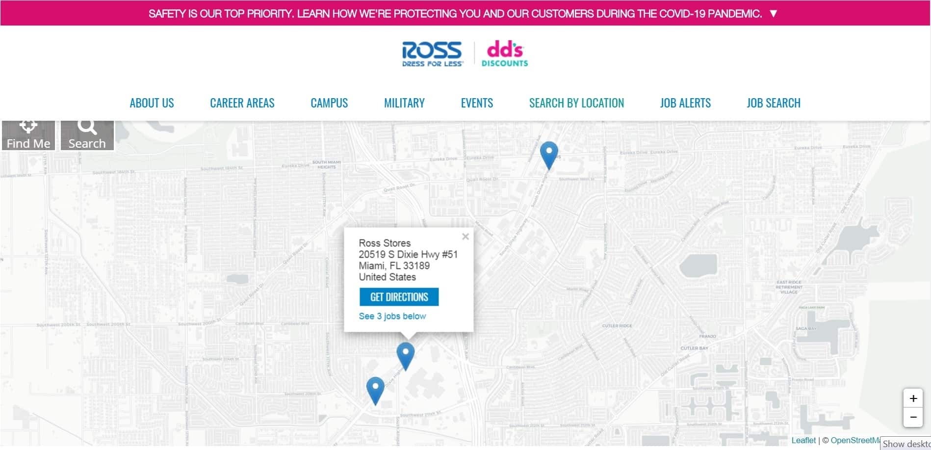 You can use the Ross "Search by Location" navigation link to make the application process much easier.